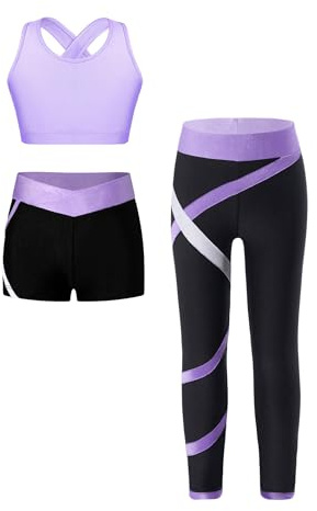 RUNQHUI Barn flicka set sport linne shorts leggings fitness gym yoga träning 5–16 år, Lavendel, 7-8 anni