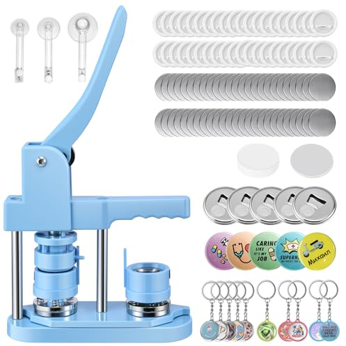 Button Maker Badge Machine 25 + 32 + 58 mm, verschiedene Größen, 300 Kunststoff-Knöpfe, VIHBRAI Badge Pressmaschine mit 10 Flaschenöffner, 10 Schlüsselanhänger-Anzüge, Formen und runder