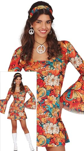 FIESTAS GUIRCA Flower Power Déguisement hippie court des années 70 avec imprimé fleurs et bandeau hippie pour femme Taille S