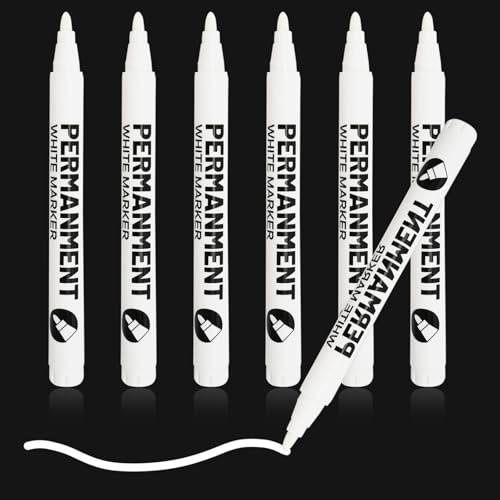 Ormromra 6 pcs White Marker Pen, Permanent Markers Bullet Tip Paint Pen, 1mm White Fabric Pen Waterproof Quick Dry for Doodling Rock Metal Glass Wood Tyre Painting Plastic Ceramic