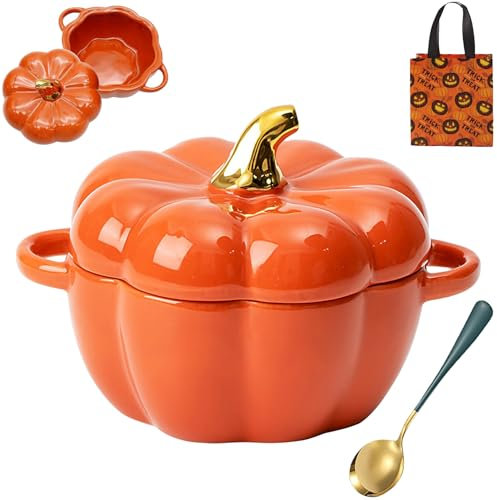 Gienslru Ciotole per zucche sicure in forno, pentola da forno olandese con coperchio, mini teglia da forno carina ciotola di zucca, in ceramica da 0,75 qt, adatta per forno e stufa fino a 300 °C,