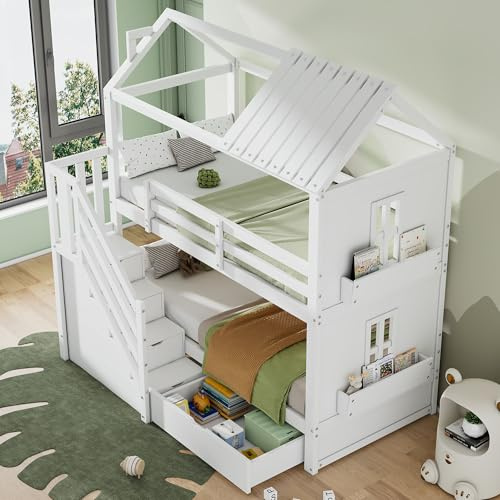 Kinderbett Hochbett Etagenbett 90x200 für 2 Kinder, Holzbett Hausbett mit Stauraumtreppe & Schubladen & 2 Regalen, Baumhausbett Stauraumbett mit Rausfallschutz und Lattenrost, Ohne Matratze, Weiß