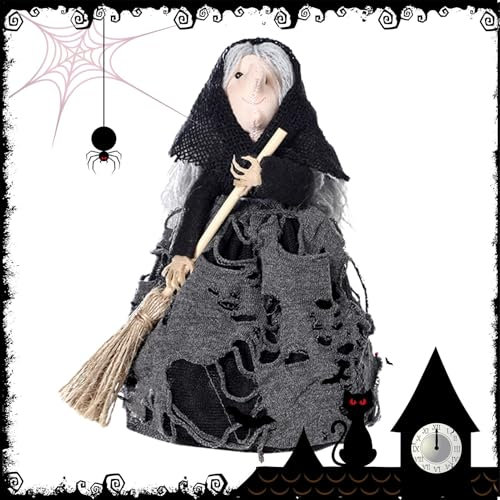 Horror Besen Puppe Halloween Dekoration,Hexe Auf Besen Halloween Puppe-Hexenpuppe Halloween Dekoration,Handgefertigte Halloween-Dekorations-Requisiten, Halloween-Puppe Für Familie, Freunde, Kollegen