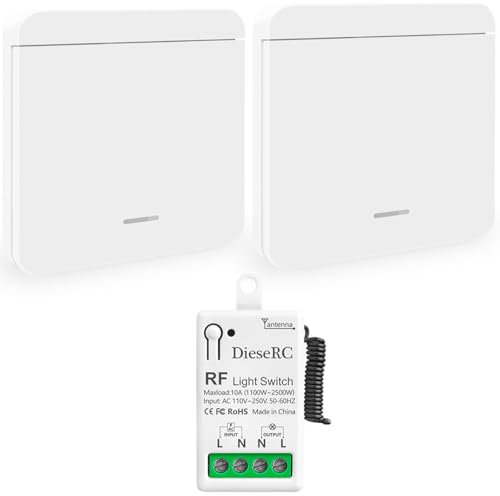 DieseRC Wireless Light Switch, 86 Wall Panel RF Transmitter and 10 A Relay Receiver Controller, On/Off for Lights up to 1500W