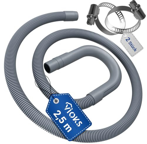 VIOKS Kit de tuyau de vidange flexible pour machine à laver 2,5 m 19/22 mm de diamètre + 2 colliers de serrage en acier inoxydable de 18-28 mm de diamètre – Pour lave-vaisselle, lave-linge, avec