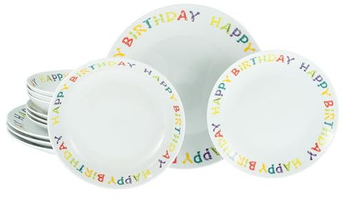 CreaTable, 24169 Série Happy Birthday Service de table 12 pièces pour 4 personnes, assiettes en porcelaine, passe au lave-vaisselle et au micro-ondes, production de qualité