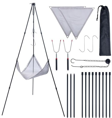 CHANGEMOORE Schwenkgrill Dreibein Holzkohlegrill höhenverstellbar, Camping | Einfach & robust, komplettes Set – ideal für Camping und Garten. Höhenverstellbarer Schwenkarm für Holzkohle