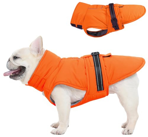 OUOBOB Dog Winter Coat, Waterproof Dog Jacket with Harness Hole, Reflective Strips for Night Walks, Warm Vest with Adjustable High Collar & Chest Strap for Large Dogs, Orange, L