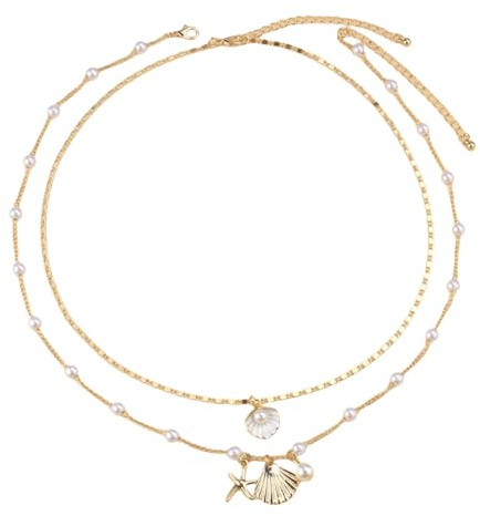 WANTUSHUI Zweier-Set Halsketten,Gold Schmuck Sommer Kette Damen Strand,Halskette,Muschelkette Damen,Choker Kette Boho,Muschel kette Seestern Perlen