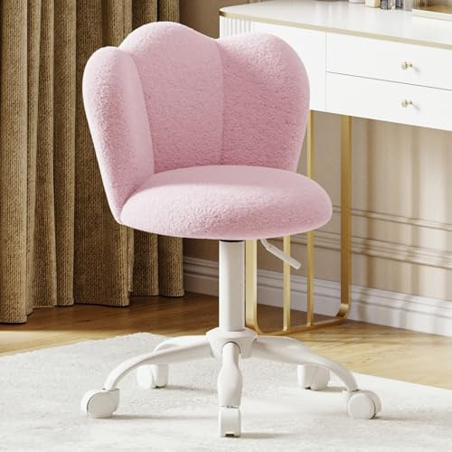 Luxstein Boucle Office Desk Chair, Height Adjustable Swivel Vanity Chair with Thickened Cushion for Home Office Bedroom Dressing Room Study, Pink