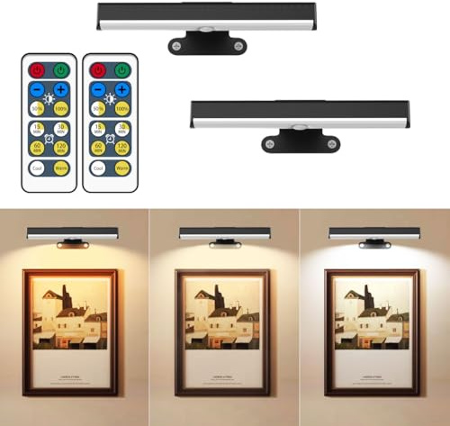 2PACK Picture Light LED Battery Operated Wall Light for Paintings,Wireless Dimmable Frame Light with Remote,3 Lighting Display Art Light Magnetic Timer Lights for Artwork Portrait Dartboard Wall Decor