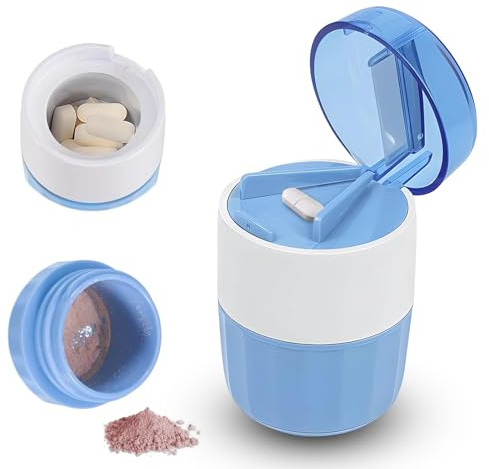 SUNNIFLY 3 en 1 Coupe Medicaments & Broyeur Medicament & Tablet Storage, Coupe Comparé, avec Brosse, Facile à Transporter, Couper et Stocker des Médicaments (Bleu)