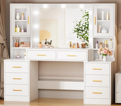 BEWISHOME Grande Coiffeuse avec Miroir LED et Lumières,Luminosité Réglable