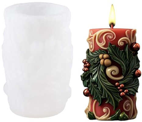WANDIC Molde cilíndrico de silicona con diseño de hojas de acebo, para velas, manualidades, jabón, resina, para decoración de Navidad