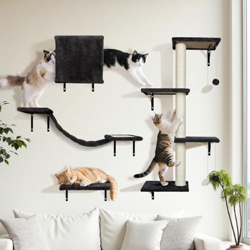 OZD Cat Shelves, 4 in 1 Cat Wall Furniture, Modern Cat Climbing Wall for Indoor Cats, DIY Cat Wall Shelves with Cat Bridge Cat bed Scratching Post, Save space, Black, Holds Up to 10kg