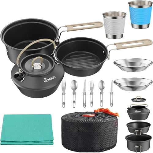 HOMGEN Non-Stick Anodized Aluminum Camping Cooking Set for 2-3 People | With 304 Stainless Steel Cutlery/Plate/Cup, Lightweight Camping Pots and Pans Set for Hiking, Fishing, Picnic, RV Travel