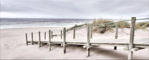 artissimo Glasbild 125x50 cm Bild Steg Strand AG5416A – modernes Panorama Bild aus Glas, großes Wandbild XXL Querformat, Wanddeko Wohnzimmer Meer Dünen beige grau