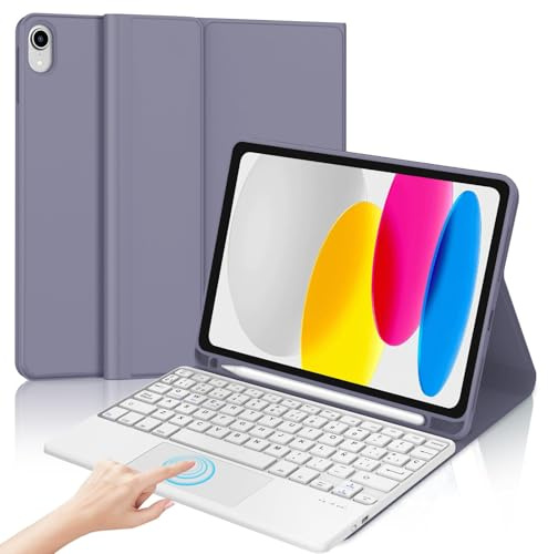 Funda Teclado para iPad A16 11 Generación 2025/10 Gen 2022 11/10.9 Pulgadas | Keyboard Touchpad QWERTY Español Ñ, Bluetooth Magnético Desmontable Teclado Trackpad con Portalápices, Violeta gris
