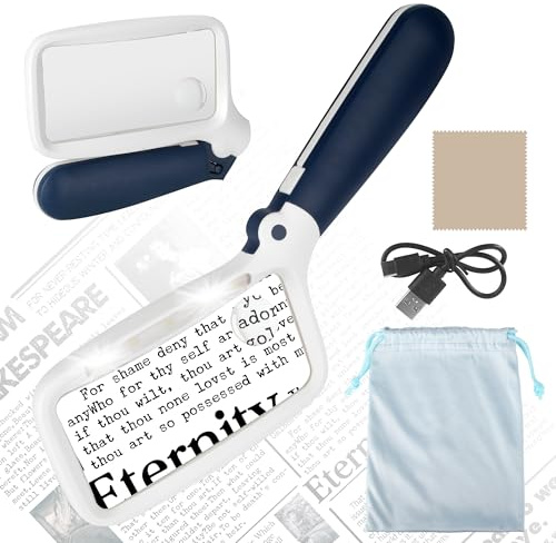 Lupe mit Licht, Leselupe mit Licht für Senioren, Vergrößerungsglas | LED-Lesehilfe mit 2 Helligkeitsstufen, 180° klappbarem Griff, Tasche und Reinigungstuch für Lesen, Hobby und Feinarbeiten