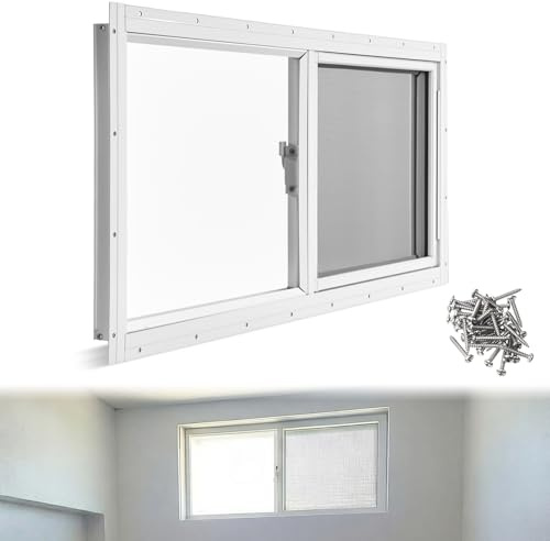 Kathfly 1 Pack Basement Home Window 32'' x 14'' Mini Basement Windows Replacement with Glass Block Screen and Screws for Home Sheds Barns (White)