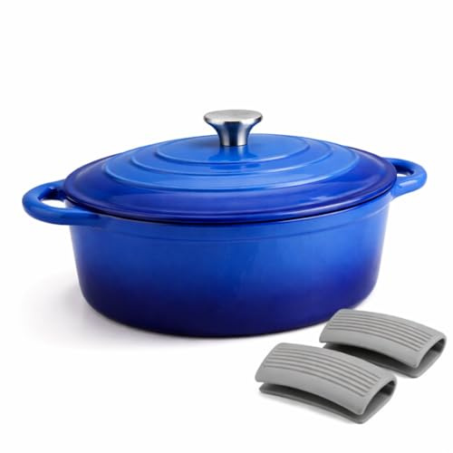 Everypan Éclat 4.5L Cast Iron Dutch Oven with Silicone Handle Covers, Enamelled Non-Stick Casserole Pot, Heavy-Duty Cookware for Baking, Braising, Slow Cooking,Roasting Dish & Stews Midnight Blue Oval