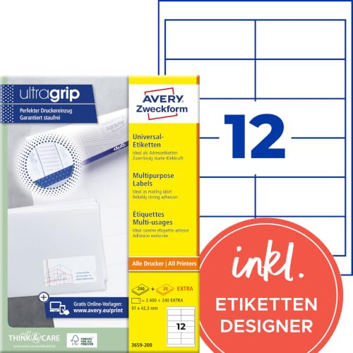 AVERY Zweckform 3659-200 Adressaufkleber (2.400 plus 240 Klebeetiketten extra, 97x42,3mm auf A4, bedruckbare Absenderetiketten, selbstklebende Adressetiketten mit ultragrip) 220 Blatt, weiß
