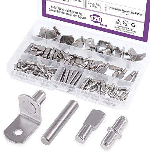 Swpeet 120Pcs 4 Styles Shelf Pins Kit, Nickel Plated Shelf Bracket Pegs, Cabinet Furniture Shelf Pins Support