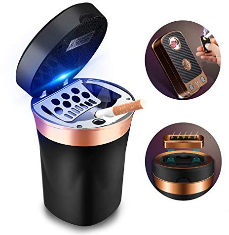 SOLARXIA Car Ashtray, Auto Ashtray Cigar Electronic Cigarette Lighter Detachable Solar Powered/USB Rechargeable with Lid Blue LED Light for Most Car Cup Holder Home Office (Black)