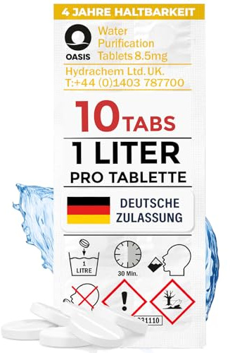 Wicked Chili Travel 1L Wasseraufbereitung Trinkwasser (10 Tabletten) | Wasserentkeimung & Trinkwasseraufbereitung für Wandern & Campen, Notfallrucksack Reiseapotheke, Blackout Notfall Ausrüstung