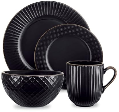 Tower Empire 16 Piece Dinnerware Set, Stoneware, Black & Brass, T867002BLK
