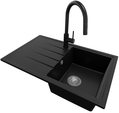 PRIMAGRAN Lavandino da Cucina Nero 78x50cm, Lavello in Granito a 1 vasca + Rubinetto 40x20cm + Set di accessori, Lavabo da Cucina Incasso al Mobile 45cm - Milano S077