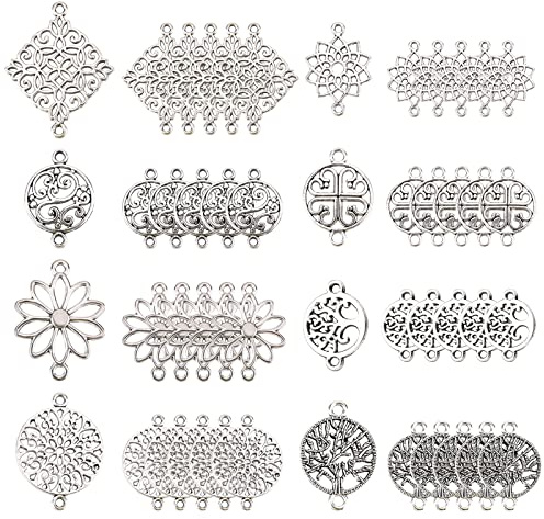 SUNNYCLUE 1 Scatola 80 Pezzi 8 Stili Ciondoli A Forma di Fiore Piatto Rotondo Connettori di Collegamento in Stile Tibetano Ciondoli Albero della Vita Ciondoli A Rombo per Le Donne Orecchini