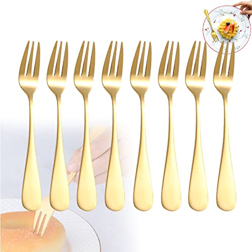8 Stück Kuchengabeln, Gabeln, Kuchengabeln Gold, Tafelgabeln, Edelstahl Dessertgabeln Gold, Goldene Kleine Kuchengabeln für Obst Eis Salat Steak Pizza Nudeln Nachmittagstee