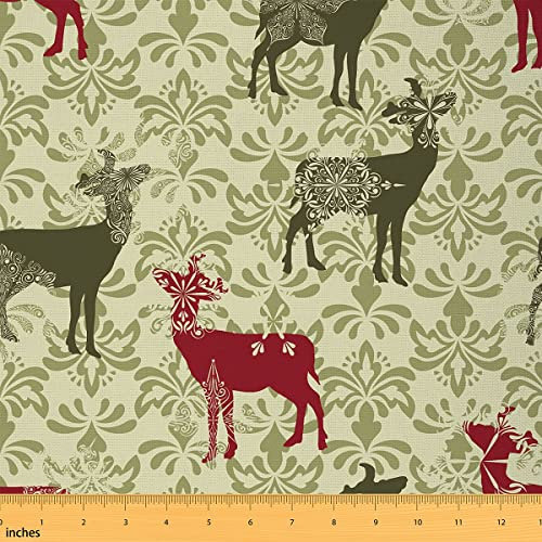 Hirsch Stoff Meterware Weihnachts Schneeflocken Polsterstoff Weihnachts Elch Retro Muster Dekostoff Wildtier Elch Drinnen Draußen Stoff DIY Kunst Wasserdichter Stoff Grün Rot 276 x 150 (HxB)