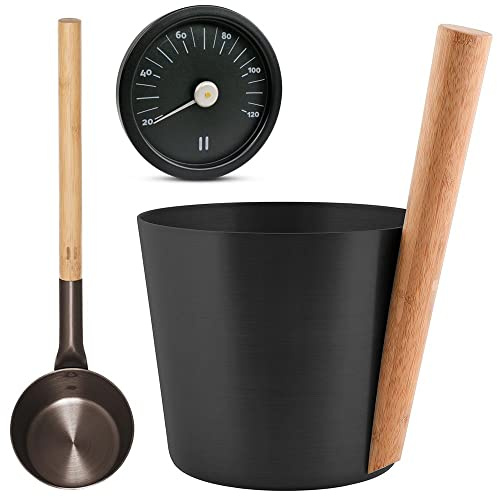 Rento Sauna Set - Saunaeimer mit Griff, Saunakelle & Thermometer - 3-teiliges Sauna Aufguss Set in Schwarz - Aluminium mit Bambusgriff - inkl. POOL Total Saunabroschüre - Made in Finland