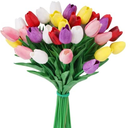 HAOSHICS 30 st konstgjorda tulpaner blommor falska latex tulpanstjälkar – äkta touch fuskfärgglada, för påsk vår bröllopsbukett bordsuppsats blomsterarrangemang bröllop bordsdekor (flerfärgad02)