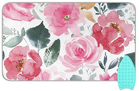 Heat Resistant Ironing Mat, Watercolor Large Flower Portable Ironing Blanket with Silicone Pad Travel Ironing Board Cover for Washer, Dryer, Table Top, 47 x 28 Inch