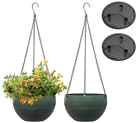 Moollyfox 2 Stück Blumenampel Außen, Ø 21cm Selbstbewässerung Blumentopf Hängend, Hängeampel Outdoor mit Rostfrei Ketten, Hängeblumentöpfe Kunststoff, Hängeampeln für Innen Draußen Decken Pflanzen
