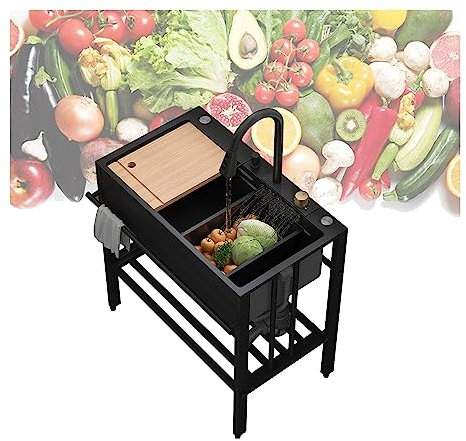 Lavello da cucina a cascata singola in acciaio inossidabile nero,lavello da giardino per uso esterno,lavello commerciale moderno da appoggio, con rubinetto a cascata Raindance,set di filtri di scarico