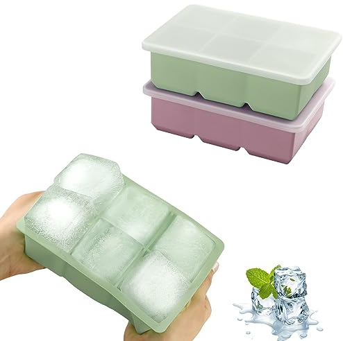 JOPHEK Bandejas de Cubitos de Hielo, 2 Piezas 12 Cubos Silicona Moldes para Cubitos de Hielo con Tapa, Rosa/Verde