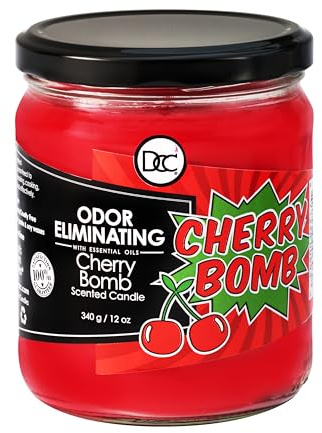 Cherry Bomb Odor Eliminating Highly Fragranced Candle - Eliminates 95% of Pet, Smoke, Food, and Other Smells Quickly - Up to 80 Hour Burn time - 12 Ounce Premium Soy Blend