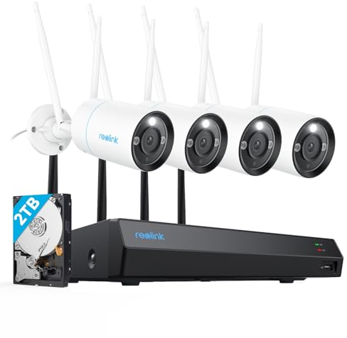Reolink 4k Kit Cámaras de Vigilancia Exterior WiFi, NVR WiFi 12CH con HDD 2TB, 4X Cámaras en 2,4/5 GHz, Detección de Persona/Vehículo/Pets, Visión Nocturna en Color, Audio de 2 Vías, Cuerpo de Metal.