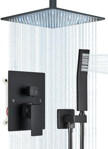 Saetow Matte Black Shower Faucets Sets Complete with 16 High Pressure LED Rainfall Shower Head and Handheld Spray Ceiling Mount Shower System Rough-in Valve Body and Trim Included