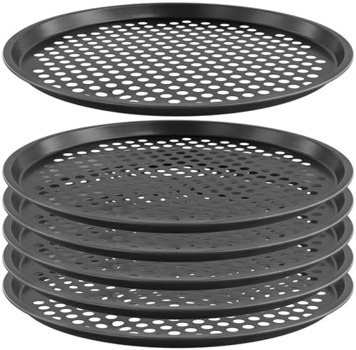 HEIHAK 6 PCS Round Pizza Trays, 33cm Non Stick Oven Trays with Holes, Black Carbon Steel Baking Trays for Pizzas, Cookies, Breads, Pies