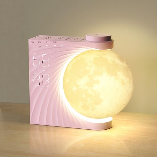 INSSISAIN Mondlampe mit Wecker,Mondlampe mit Tageslichtwecker,Wake up Light,10 beruhigende Töne mit bunter Lichtmodus,Wecklicht für Tisch,Schlafzimmer, Wohnzimmer