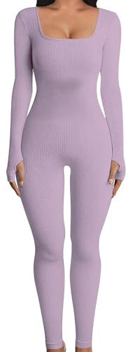 OYIGELZ Yoga Jumpsuit Damen Einteiligem Gerippte Strick Langarm Sport Workout jumpsuits Hosenanzug Trainingsanzug Eckigem Ausschnitt Figurbetontem Kuscheliger Overall(Hell Lila-J,L)