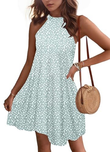 WNEEDU Robe d'éte Femmes Robes Plage Court Robe Col Licou sans Manches Décontracté avec Poches Point Vert L