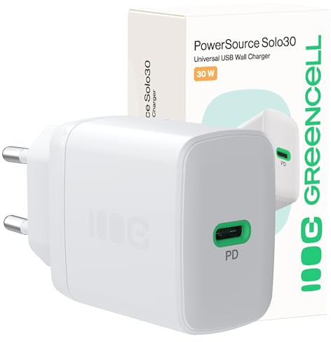 Greencell PowerSource Solo30 Chargeur USB-C Power Delivery Blanc 30 W iPhone 17/Pro/Pro Max/iPhone Air/16/15, MacBook, Pixel 9, iPad, Samsung Galaxy S25 Ultra/S24 Series