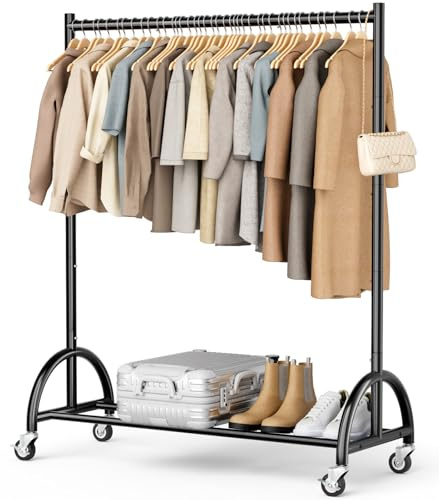 MISSLO Heavy Duty Clothes Rail on Wheels for Bedroom, Metal Clothes Rack Strong Clothing Garment Rack with Storage Bottom Shelf, Free Standing Hanging Rails for Clothes, Coat, Black