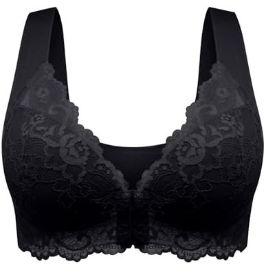 Flodxo Bras for Women Front Fastening Non Wired Bras Sexy Lace High Impact Wireless Plus Size Bralettes Push Up Comfort Soft Front Buckle for The Elderly Full Coverage Tshirt Bralette Black M